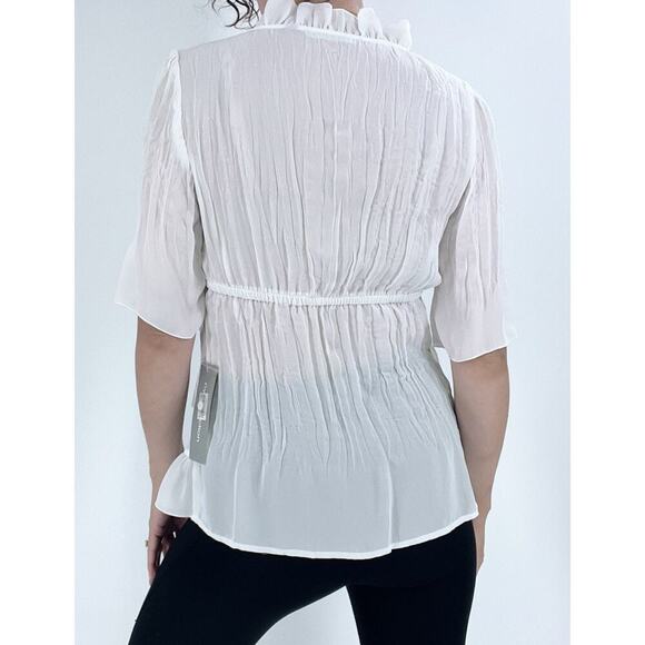 NWT NY Collection White Frill Semi Sheer Short Sleeve Blouse Size Small - Picture 3 of 5